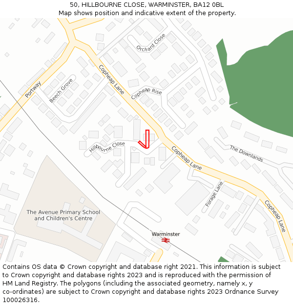 50, HILLBOURNE CLOSE, WARMINSTER, BA12 0BL: Location map and indicative extent of plot