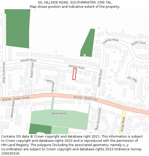 50, HILLSIDE ROAD, SOUTHMINSTER, CM0 7AL: Location map and indicative extent of plot