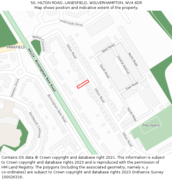50, HILTON ROAD, LANESFIELD, WOLVERHAMPTON, WV4 6DR: Location map and indicative extent of plot