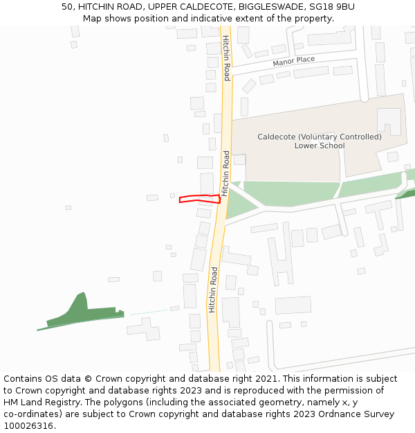 50, HITCHIN ROAD, UPPER CALDECOTE, BIGGLESWADE, SG18 9BU: Location map and indicative extent of plot