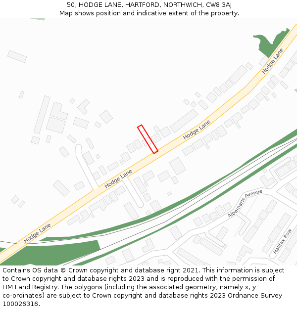 50, HODGE LANE, HARTFORD, NORTHWICH, CW8 3AJ: Location map and indicative extent of plot