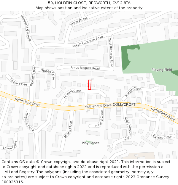 50, HOLBEIN CLOSE, BEDWORTH, CV12 8TA: Location map and indicative extent of plot