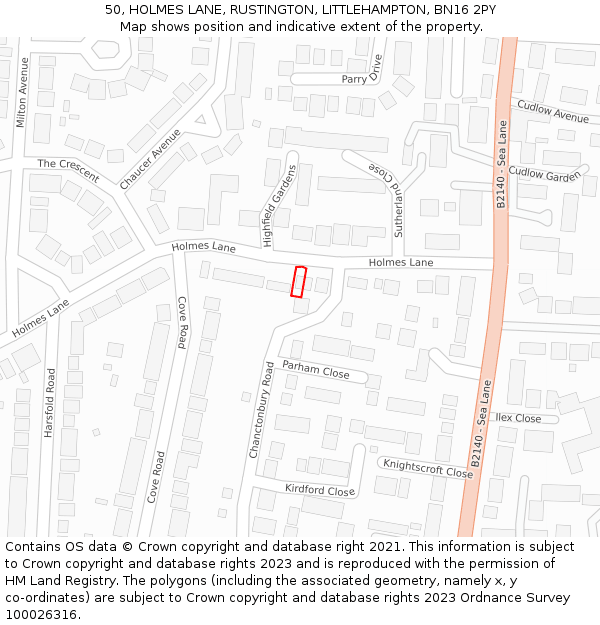 50, HOLMES LANE, RUSTINGTON, LITTLEHAMPTON, BN16 2PY: Location map and indicative extent of plot