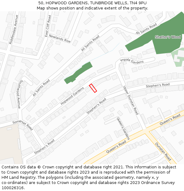 50, HOPWOOD GARDENS, TUNBRIDGE WELLS, TN4 9PU: Location map and indicative extent of plot
