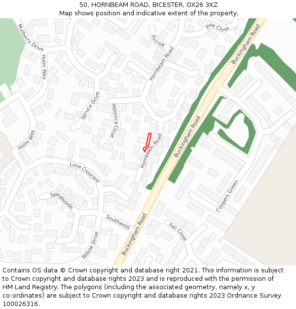 50, HORNBEAM ROAD, BICESTER, OX26 3XZ: Location map and indicative extent of plot