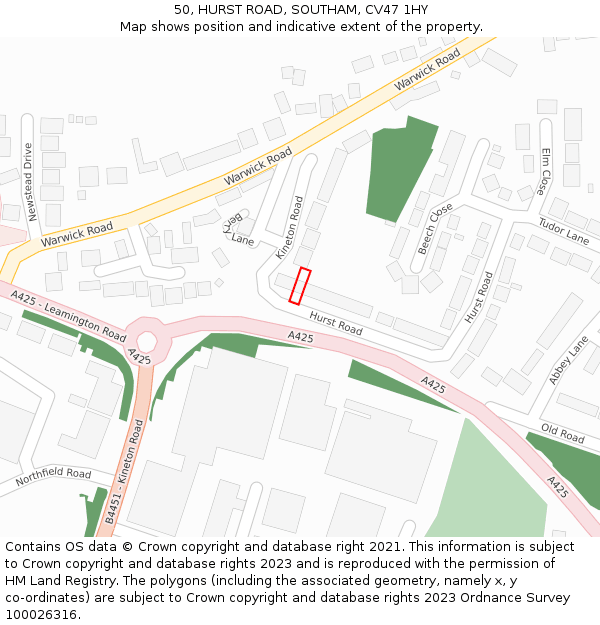 50, HURST ROAD, SOUTHAM, CV47 1HY: Location map and indicative extent of plot