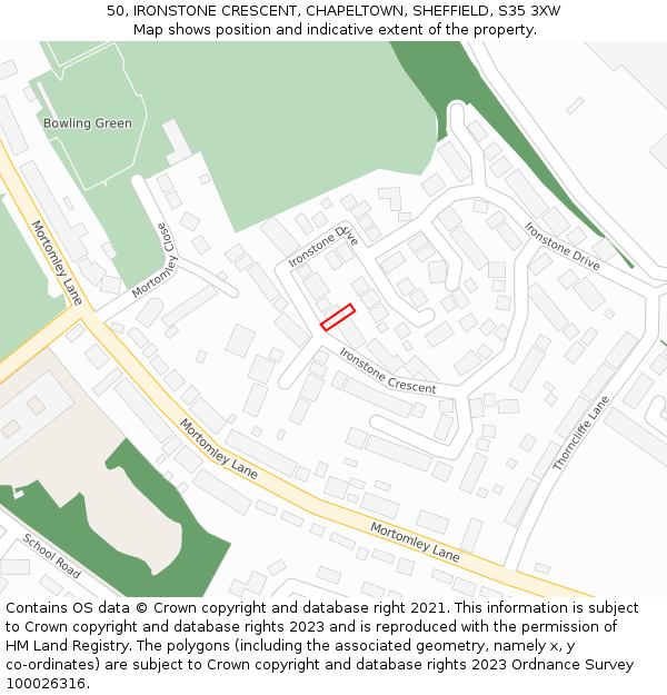 50, IRONSTONE CRESCENT, CHAPELTOWN, SHEFFIELD, S35 3XW: Location map and indicative extent of plot