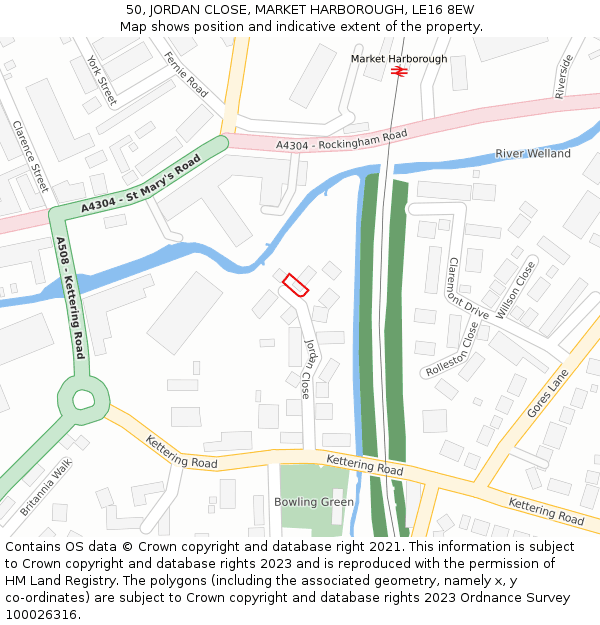 50, JORDAN CLOSE, MARKET HARBOROUGH, LE16 8EW: Location map and indicative extent of plot
