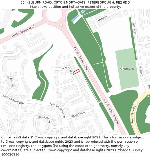 50, KELBURN ROAD, ORTON NORTHGATE, PETERBOROUGH, PE2 6DD: Location map and indicative extent of plot