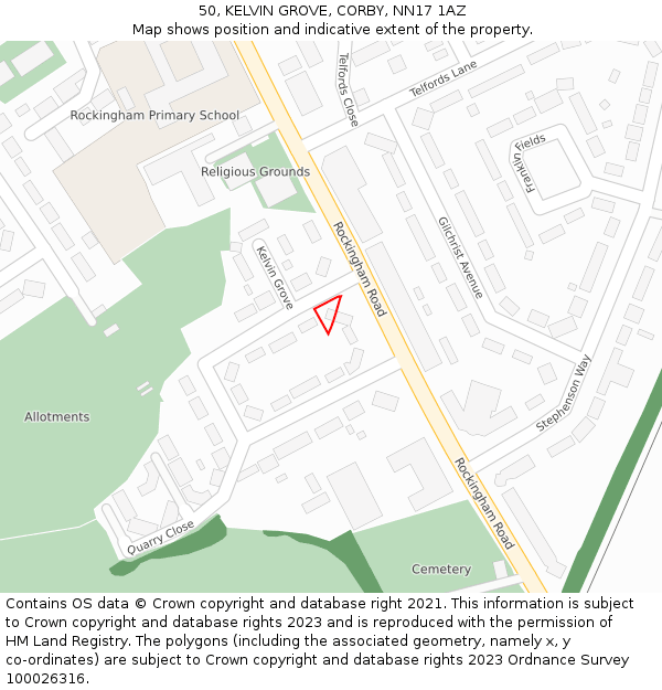 50, KELVIN GROVE, CORBY, NN17 1AZ: Location map and indicative extent of plot