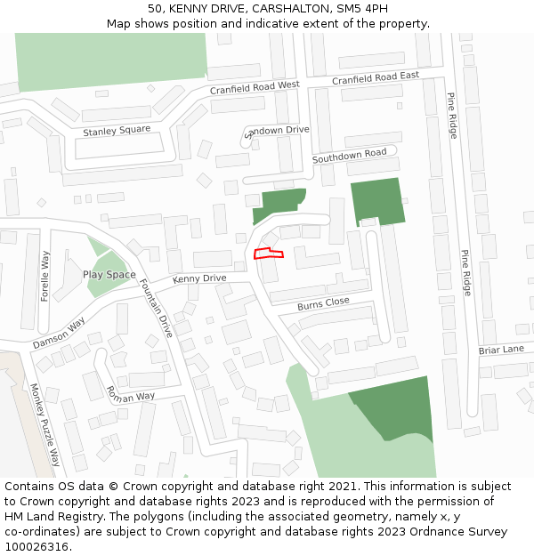 50, KENNY DRIVE, CARSHALTON, SM5 4PH: Location map and indicative extent of plot