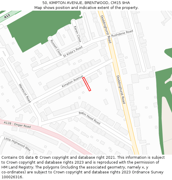 50, KIMPTON AVENUE, BRENTWOOD, CM15 9HA: Location map and indicative extent of plot