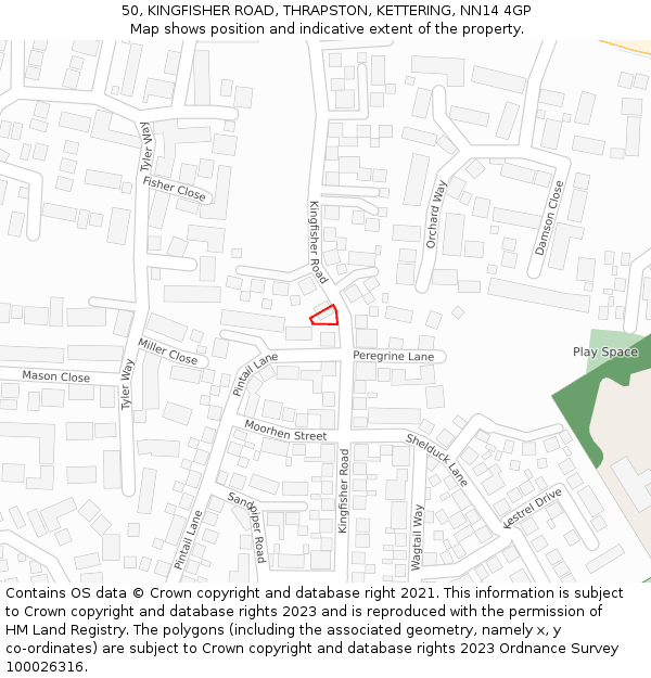 50, KINGFISHER ROAD, THRAPSTON, KETTERING, NN14 4GP: Location map and indicative extent of plot