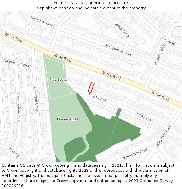 50, KINGS DRIVE, BRADFORD, BD2 1PX: Location map and indicative extent of plot