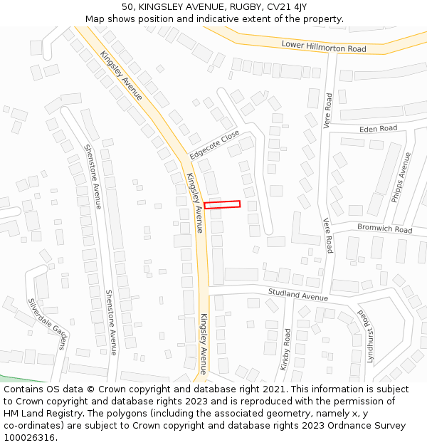 50, KINGSLEY AVENUE, RUGBY, CV21 4JY: Location map and indicative extent of plot