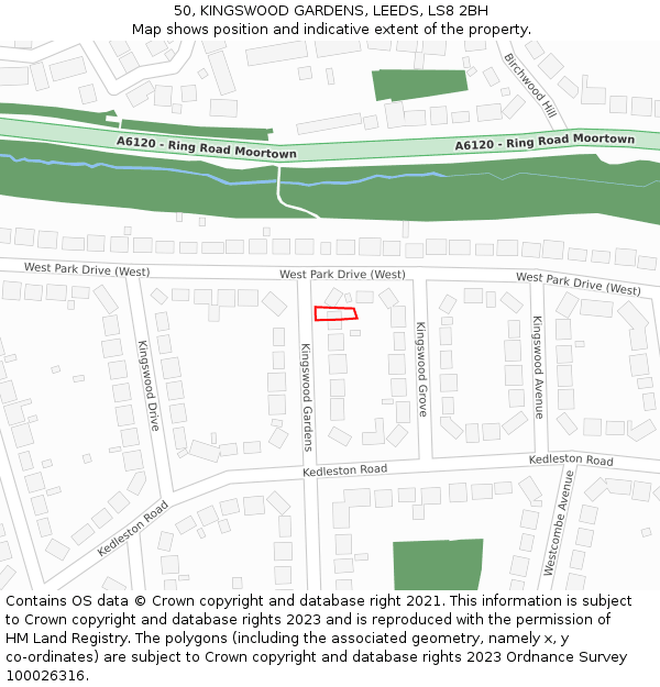 50, KINGSWOOD GARDENS, LEEDS, LS8 2BH: Location map and indicative extent of plot
