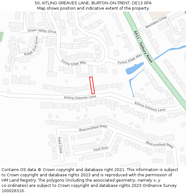 50, KITLING GREAVES LANE, BURTON-ON-TRENT, DE13 0PA: Location map and indicative extent of plot