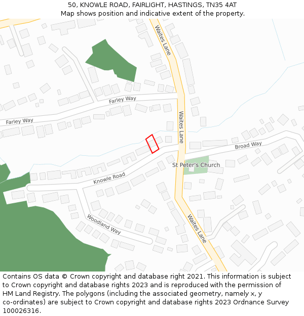 50, KNOWLE ROAD, FAIRLIGHT, HASTINGS, TN35 4AT: Location map and indicative extent of plot