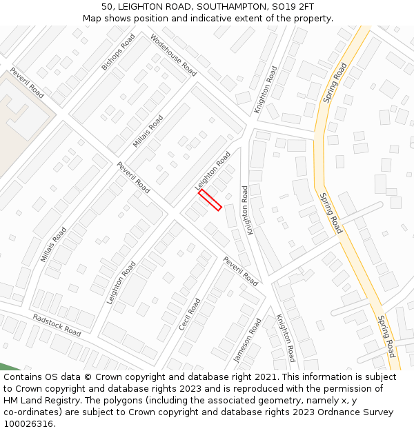 50, LEIGHTON ROAD, SOUTHAMPTON, SO19 2FT: Location map and indicative extent of plot