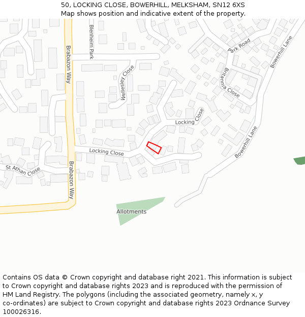 50, LOCKING CLOSE, BOWERHILL, MELKSHAM, SN12 6XS: Location map and indicative extent of plot