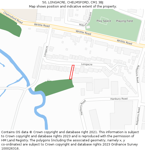 50, LONGACRE, CHELMSFORD, CM1 3BJ: Location map and indicative extent of plot