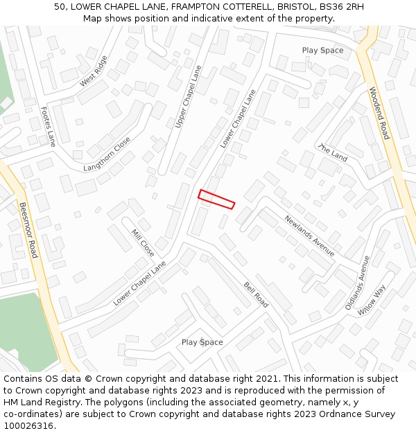 50, LOWER CHAPEL LANE, FRAMPTON COTTERELL, BRISTOL, BS36 2RH: Location map and indicative extent of plot