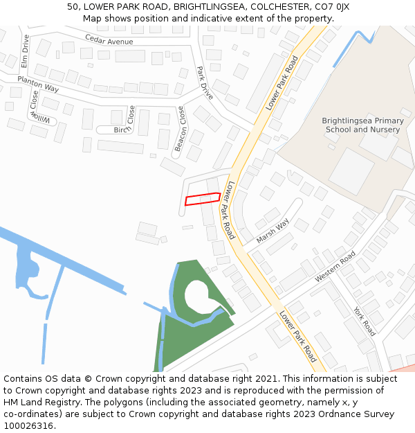 50, LOWER PARK ROAD, BRIGHTLINGSEA, COLCHESTER, CO7 0JX: Location map and indicative extent of plot