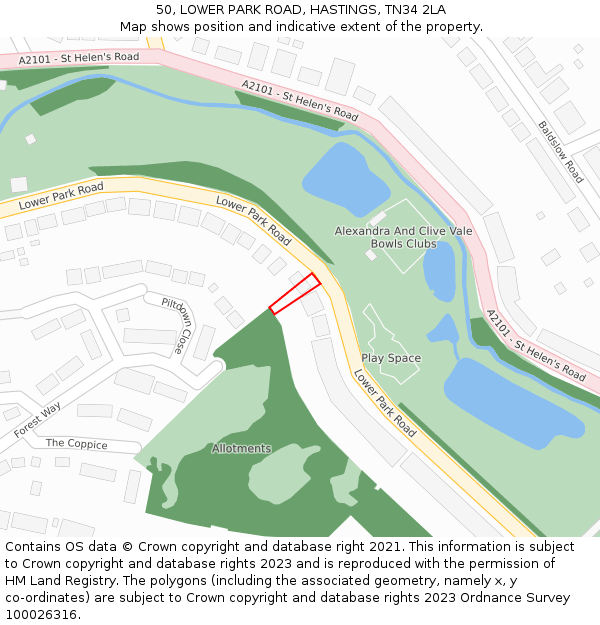 50, LOWER PARK ROAD, HASTINGS, TN34 2LA: Location map and indicative extent of plot
