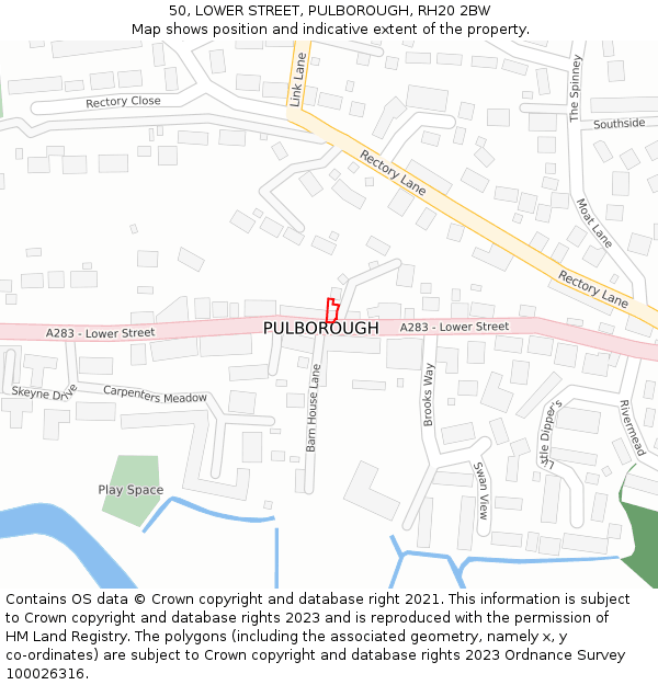 50, LOWER STREET, PULBOROUGH, RH20 2BW: Location map and indicative extent of plot
