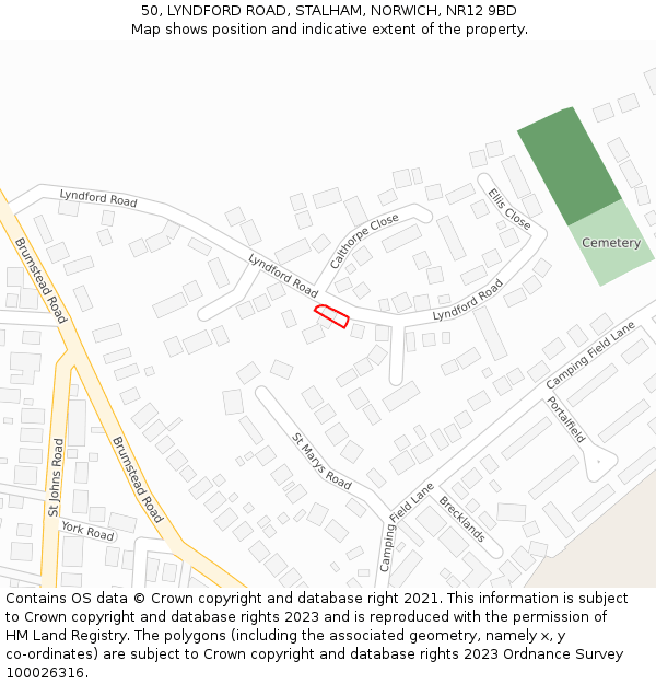 50, LYNDFORD ROAD, STALHAM, NORWICH, NR12 9BD: Location map and indicative extent of plot