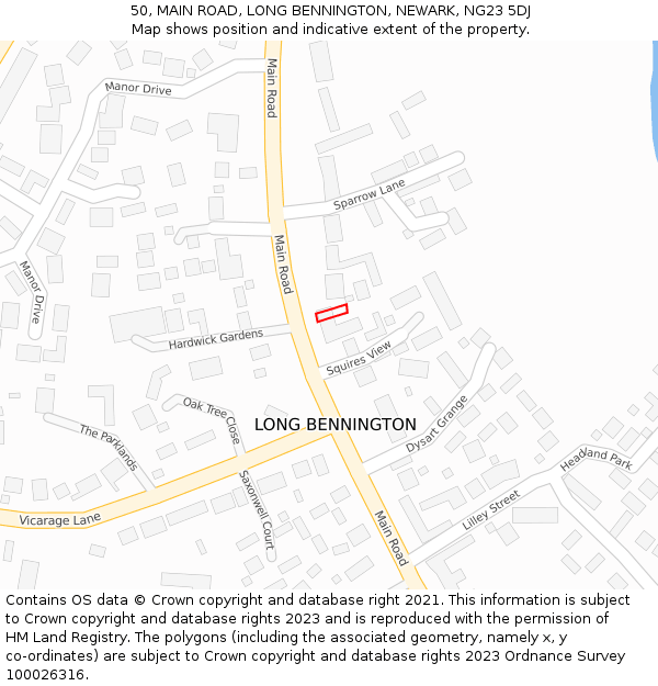 50, MAIN ROAD, LONG BENNINGTON, NEWARK, NG23 5DJ: Location map and indicative extent of plot