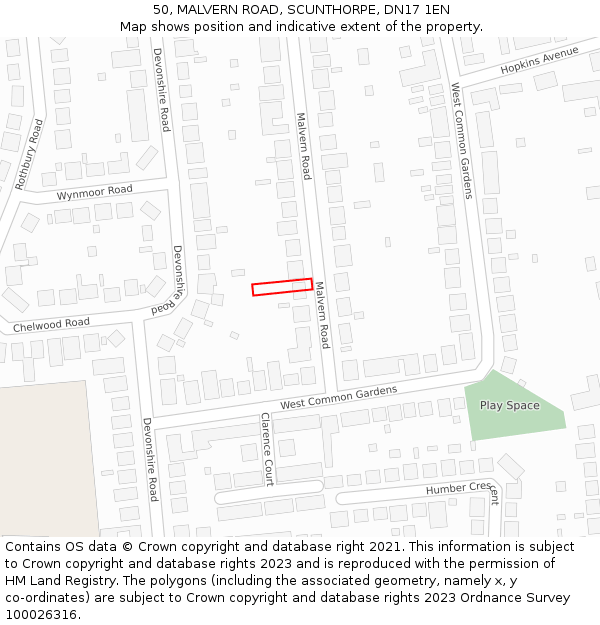 50, MALVERN ROAD, SCUNTHORPE, DN17 1EN: Location map and indicative extent of plot