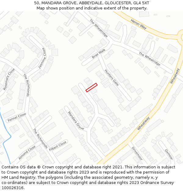 50, MANDARA GROVE, ABBEYDALE, GLOUCESTER, GL4 5XT: Location map and indicative extent of plot