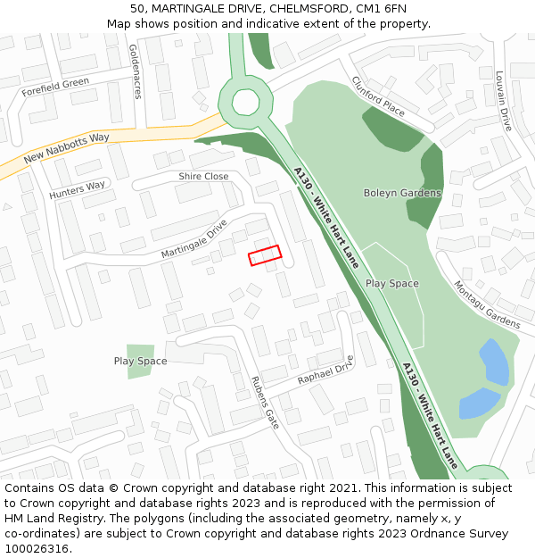 50, MARTINGALE DRIVE, CHELMSFORD, CM1 6FN: Location map and indicative extent of plot
