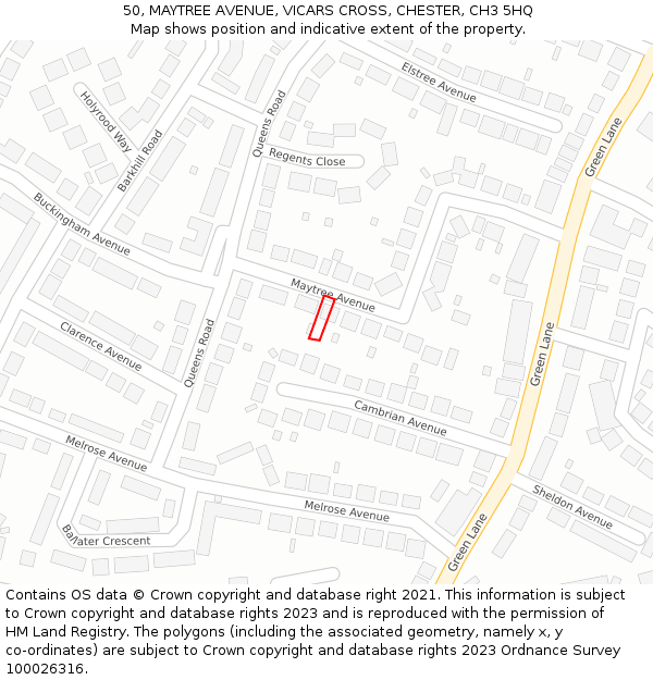 50, MAYTREE AVENUE, VICARS CROSS, CHESTER, CH3 5HQ: Location map and indicative extent of plot