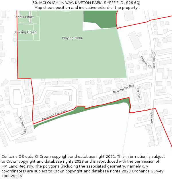 50, MCLOUGHLIN WAY, KIVETON PARK, SHEFFIELD, S26 6QJ: Location map and indicative extent of plot