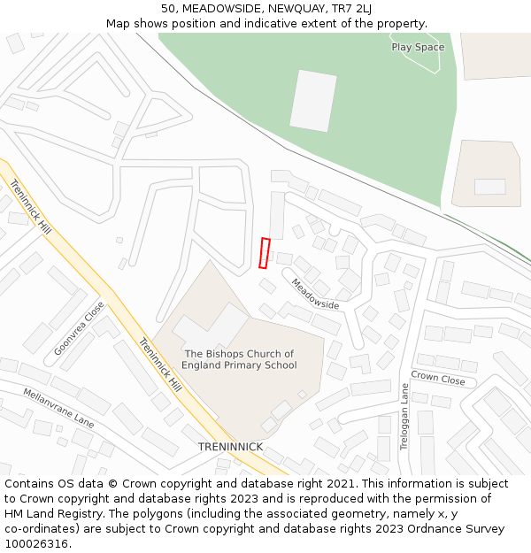 50, MEADOWSIDE, NEWQUAY, TR7 2LJ: Location map and indicative extent of plot