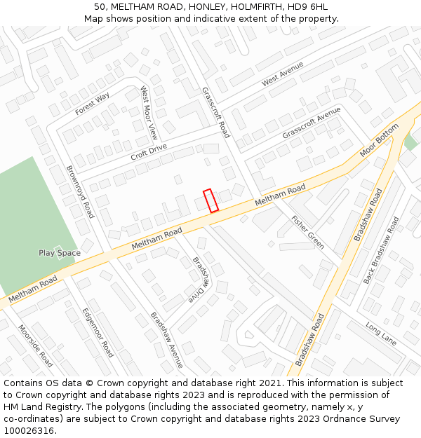 50, MELTHAM ROAD, HONLEY, HOLMFIRTH, HD9 6HL: Location map and indicative extent of plot