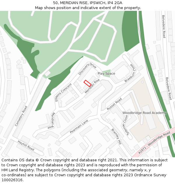 50, MERIDIAN RISE, IPSWICH, IP4 2GA: Location map and indicative extent of plot