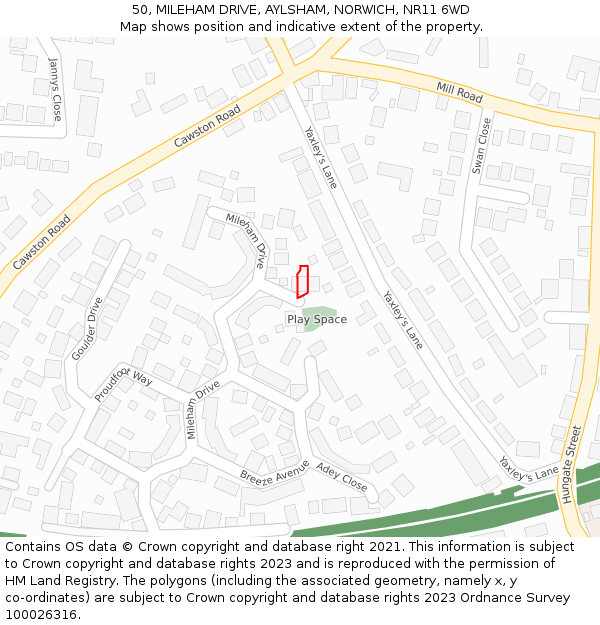 50, MILEHAM DRIVE, AYLSHAM, NORWICH, NR11 6WD: Location map and indicative extent of plot