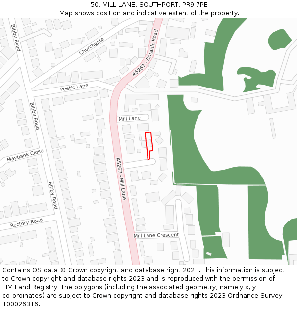 50, MILL LANE, SOUTHPORT, PR9 7PE: Location map and indicative extent of plot