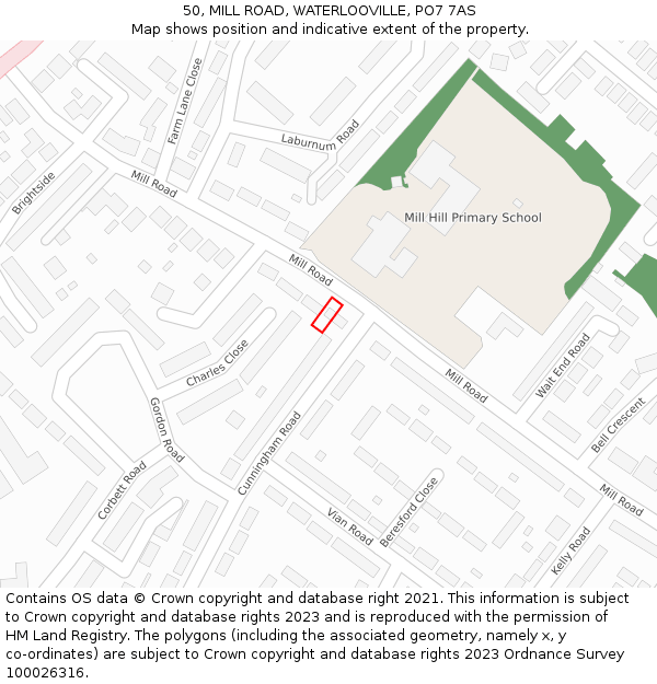 50, MILL ROAD, WATERLOOVILLE, PO7 7AS: Location map and indicative extent of plot