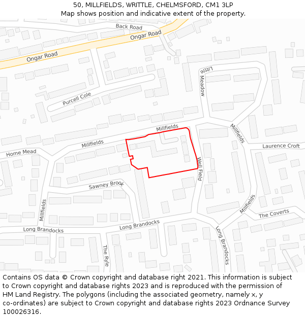 50, MILLFIELDS, WRITTLE, CHELMSFORD, CM1 3LP: Location map and indicative extent of plot