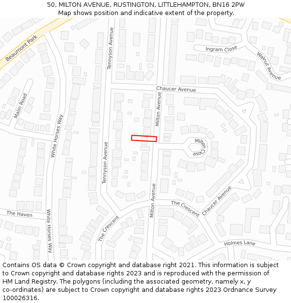 50, MILTON AVENUE, RUSTINGTON, LITTLEHAMPTON, BN16 2PW: Location map and indicative extent of plot