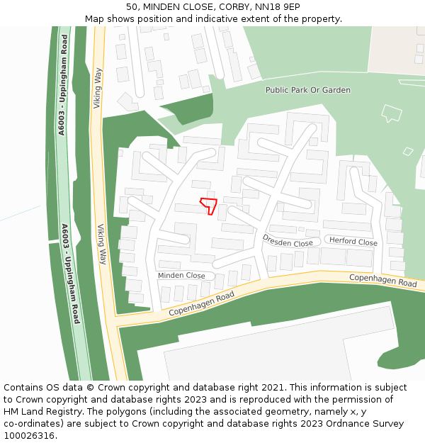 50, MINDEN CLOSE, CORBY, NN18 9EP: Location map and indicative extent of plot