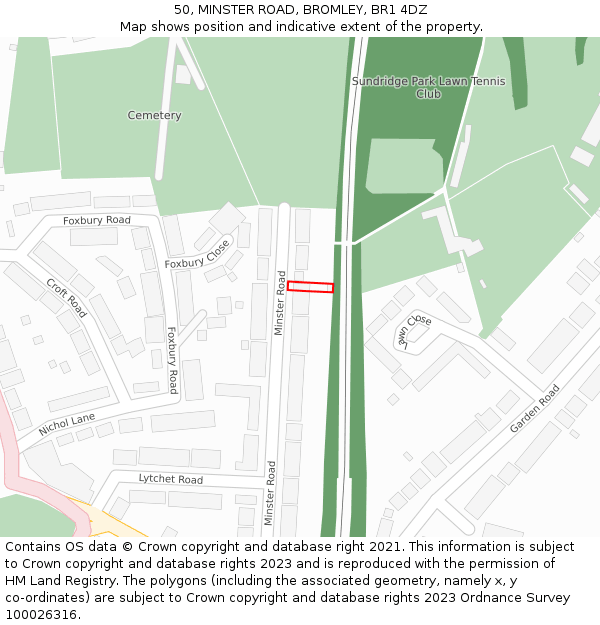50, MINSTER ROAD, BROMLEY, BR1 4DZ: Location map and indicative extent of plot