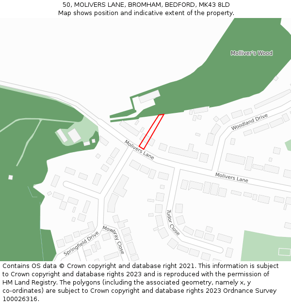 50, MOLIVERS LANE, BROMHAM, BEDFORD, MK43 8LD: Location map and indicative extent of plot