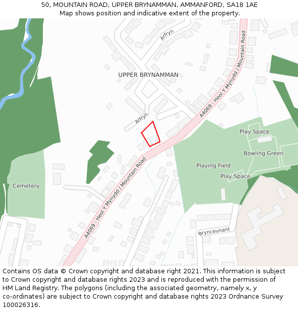 50, MOUNTAIN ROAD, UPPER BRYNAMMAN, AMMANFORD, SA18 1AE: Location map and indicative extent of plot