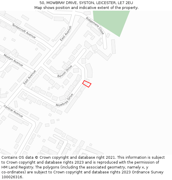 50, MOWBRAY DRIVE, SYSTON, LEICESTER, LE7 2EU: Location map and indicative extent of plot