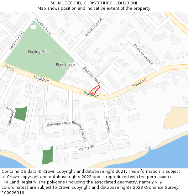 50, MUDEFORD, CHRISTCHURCH, BH23 3NL: Location map and indicative extent of plot